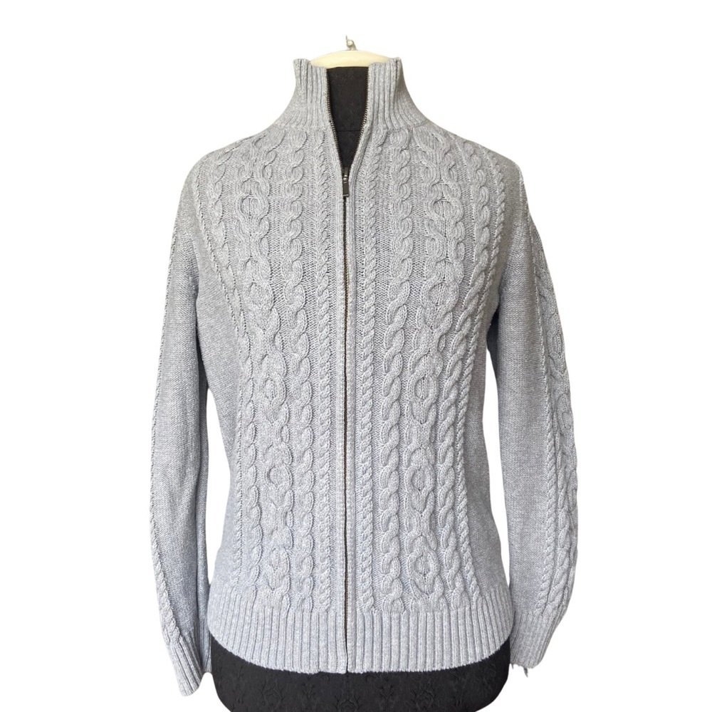 L.L. Bean Women's Light Gray Cable Knit Zip-Up Sweater